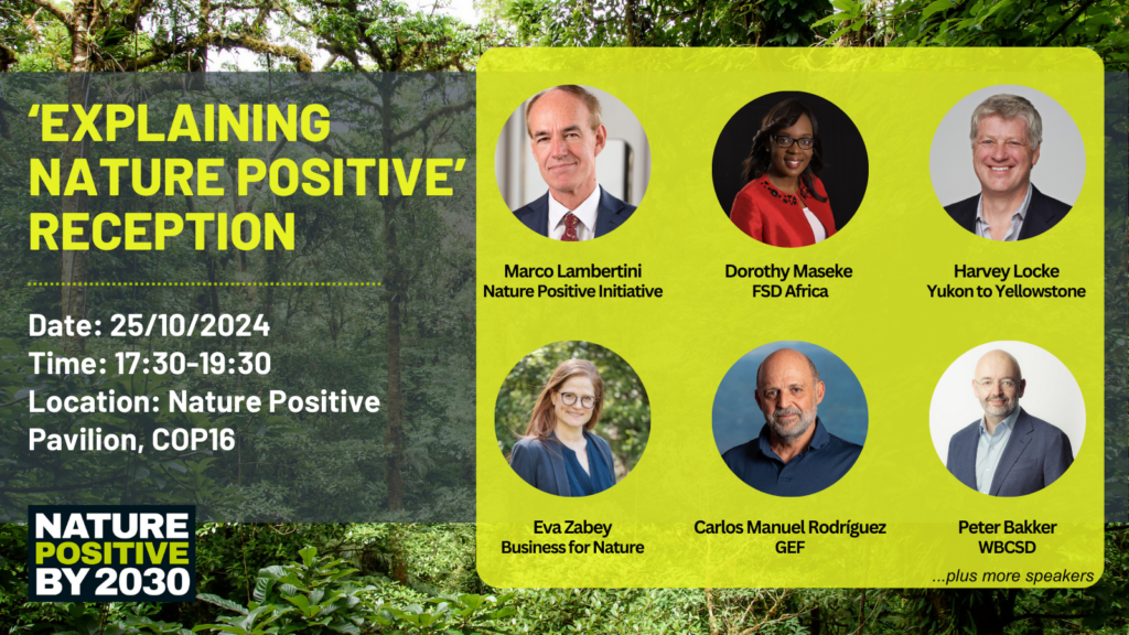 Rainforest background with the event title:' Explaining Nature Positive Reception' Includes headshots of the six speakers at the Reception.